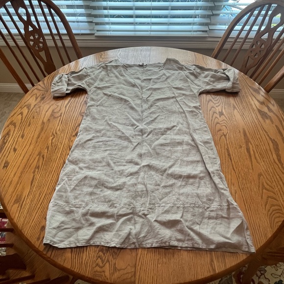 Rosemarie Made In Italy 100% Linen Taupe Minimalist Roll Tab Sleeve Dress M - Picture 1 of 10
